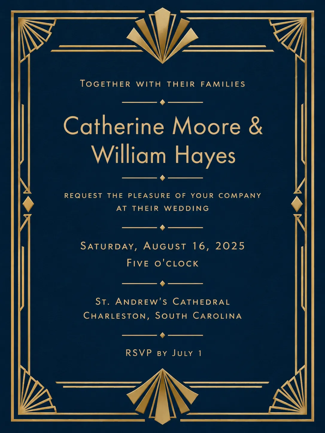 Navy and gold Art Deco wedding invitation with a fan motif and thin gold lines for Catherine Moore and William Hayes