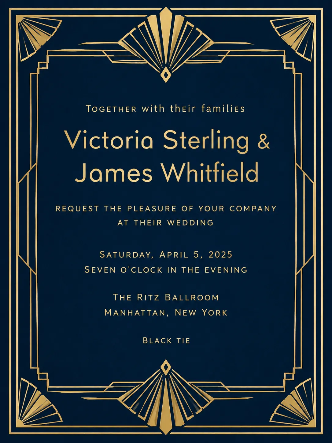 Navy and gold Art Deco wedding invitation with a geometric gold frame for Victoria Sterling and James Whitfield