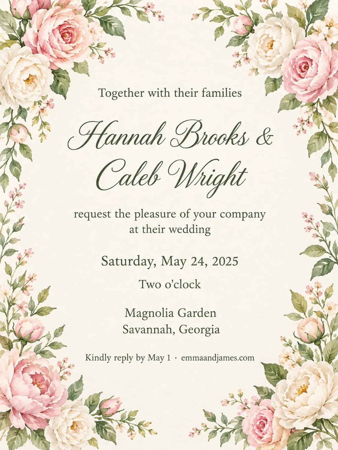 Romantic garden wedding invitation framed by pink and cream roses for Hannah Brooks and Caleb Wright