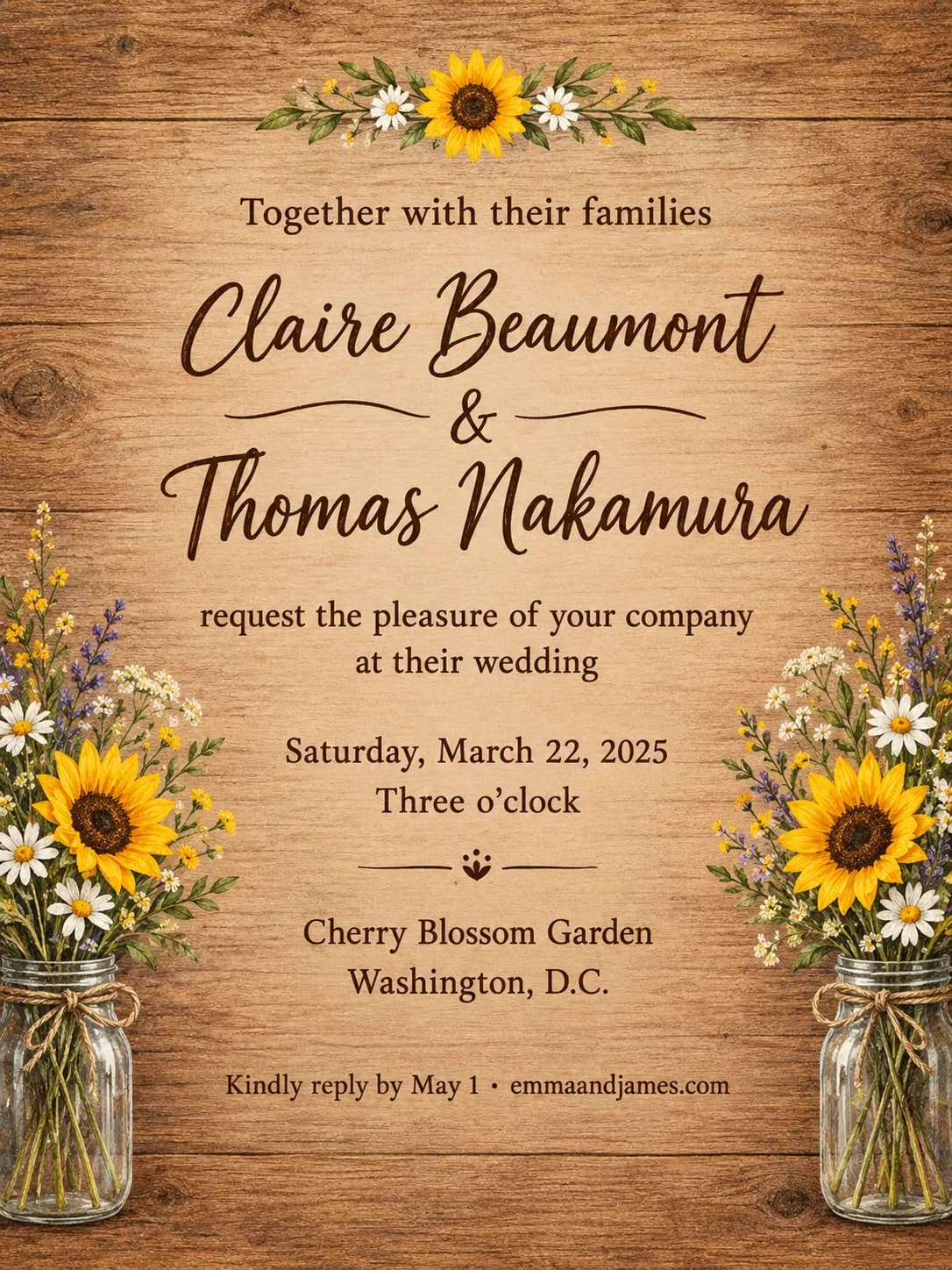 Rustic wedding invitation on warm wood with sunflowers in a mason jar for Claire Beaumont and Thomas Nakamura