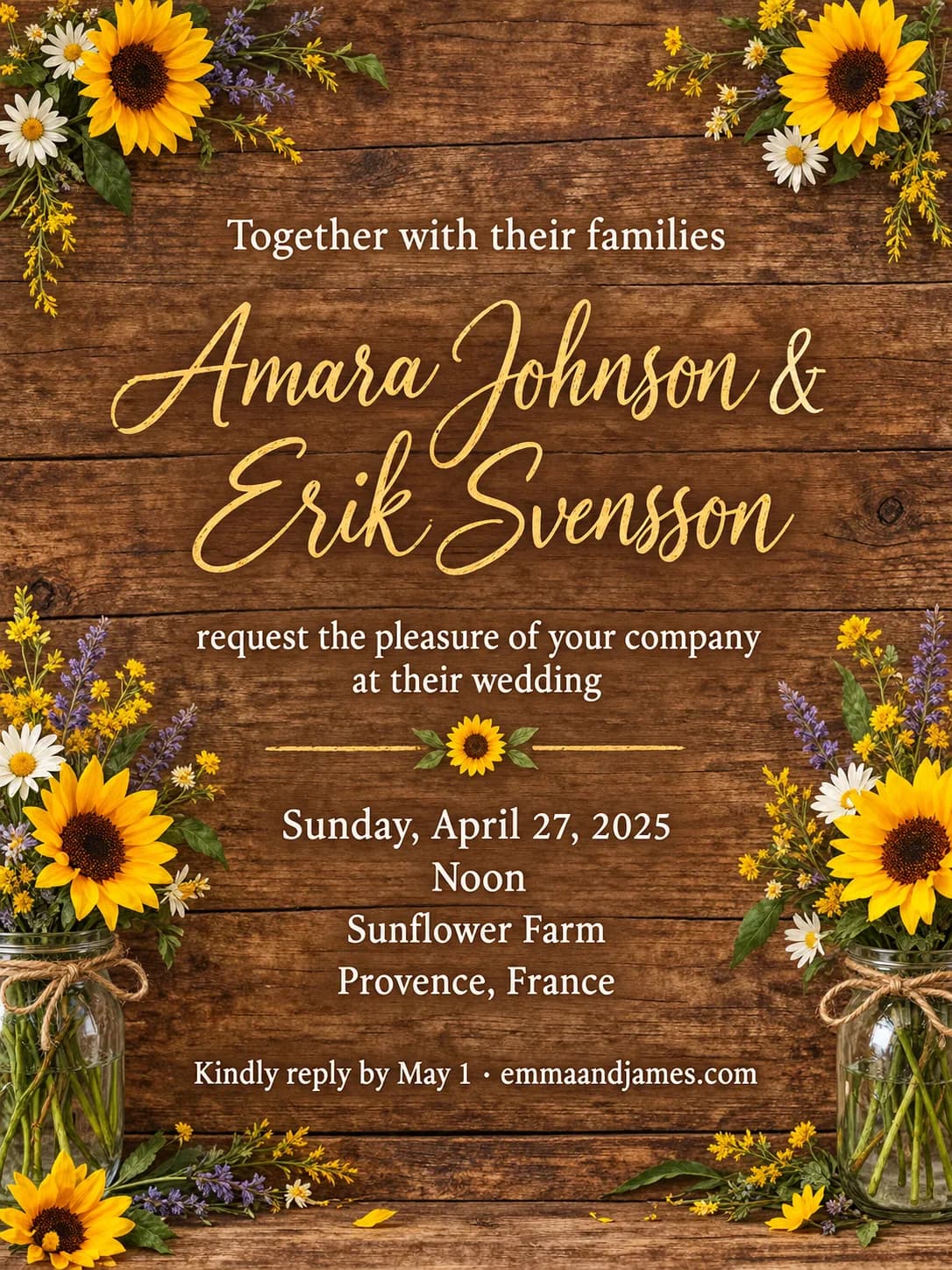 Rustic wedding invitation on dark wood with sunflowers and wildflowers for Amara Johnson and Erik Svensson