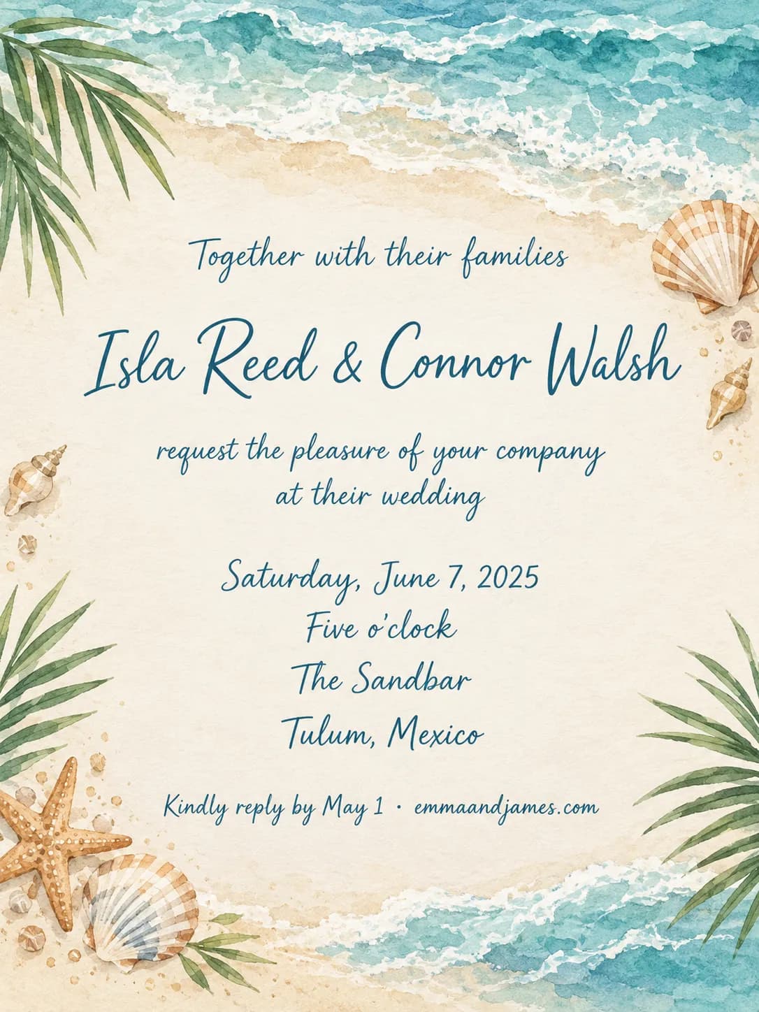 Beach wedding invitation with turquoise water, palm leaves and shells for Isla Reed and Connor Walsh