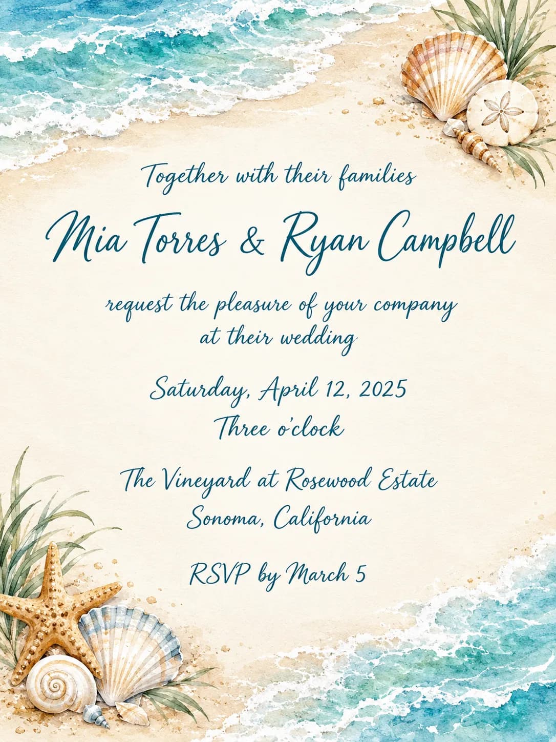 Beach wedding invitation with ocean waves, shells and starfish for Mia Torres and Ryan Campbell