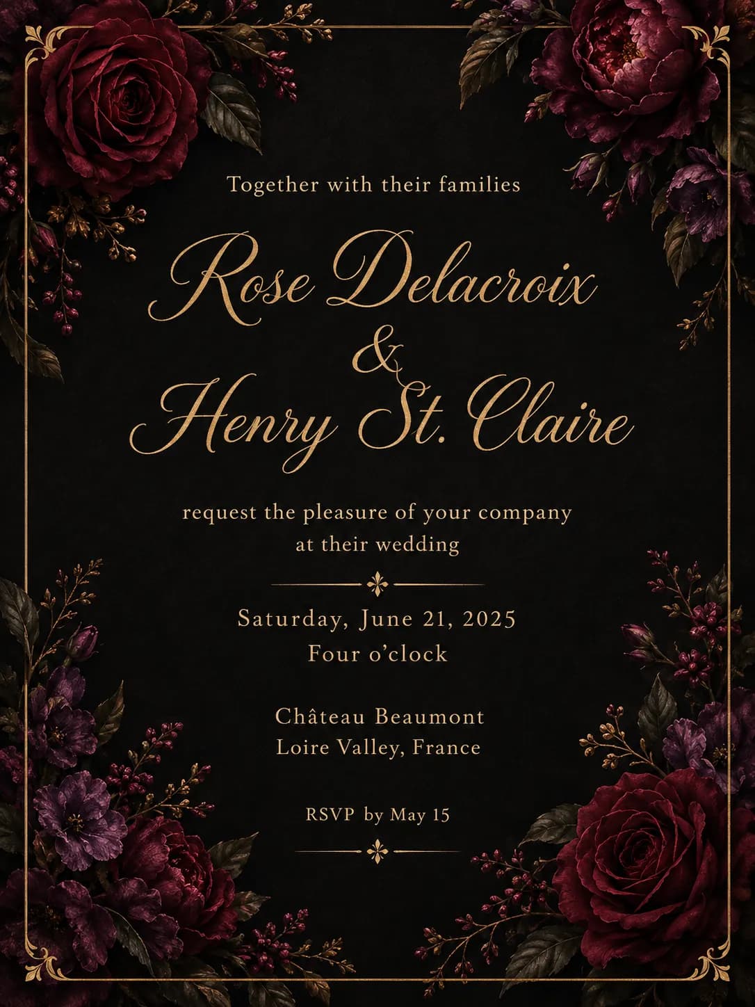 Dark moody wedding invitation with deep burgundy roses on black for Rose Delacroix and Henry St. Claire