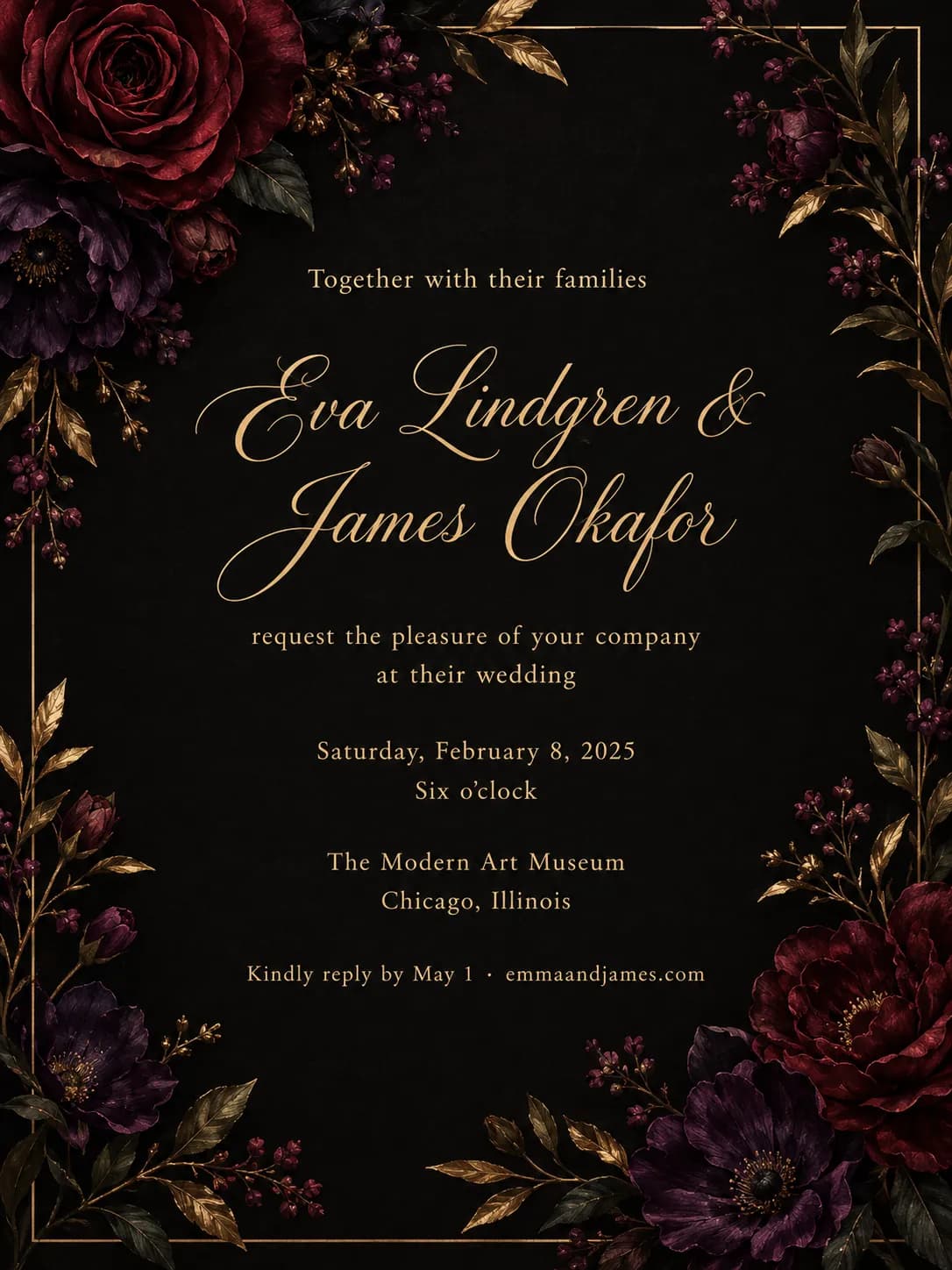 Dark moody wedding invitation with dark florals and gold lettering for Eva Lindgren and James Okafor