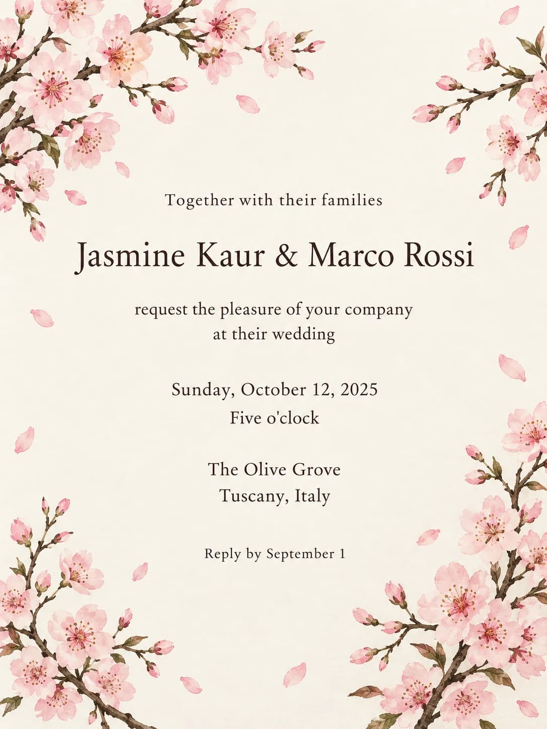 Cherry blossom wedding invitation with pink blossom branches along the edges for Jasmine Kaur and Marco Rossi