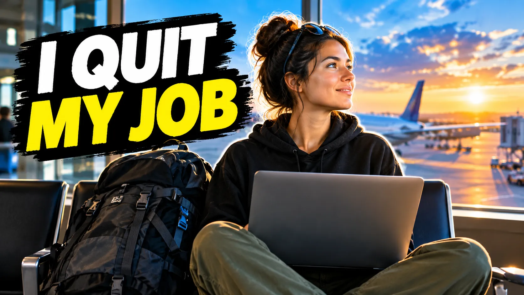 YouTube thumbnail with the bold text “I QUIT MY JOB” and a woman working on a laptop in an airport at sunset