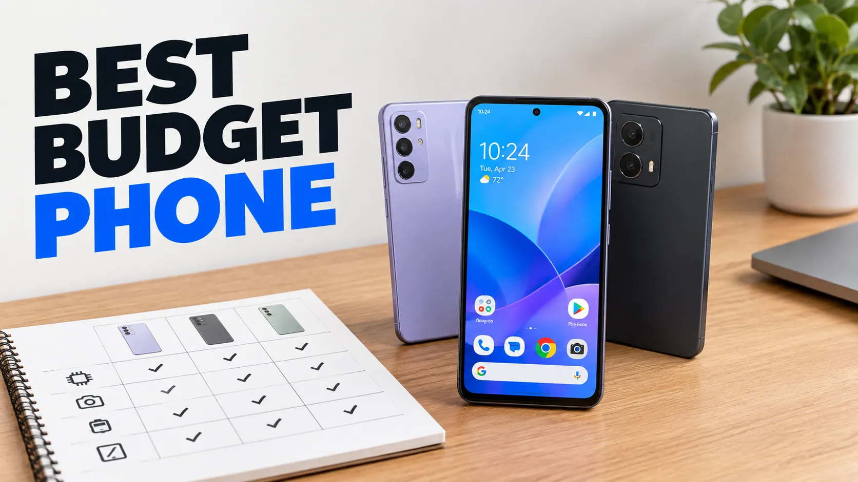 Clean YouTube thumbnail with the text “BEST BUDGET PHONE” and several smartphones on a desk
