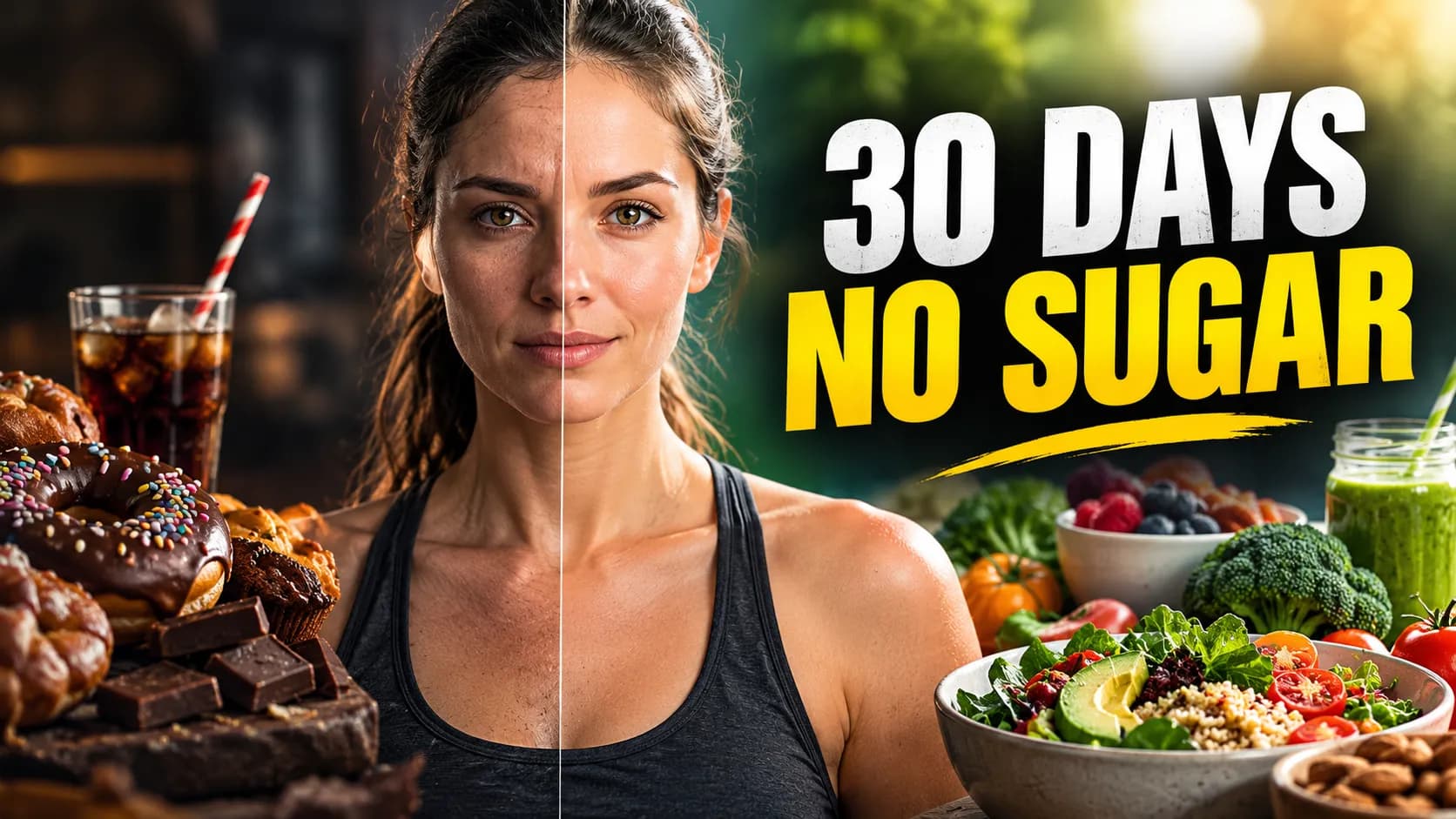 YouTube thumbnail with the text “30 DAYS NO SUGAR” and a split view of sweets versus a healthy meal