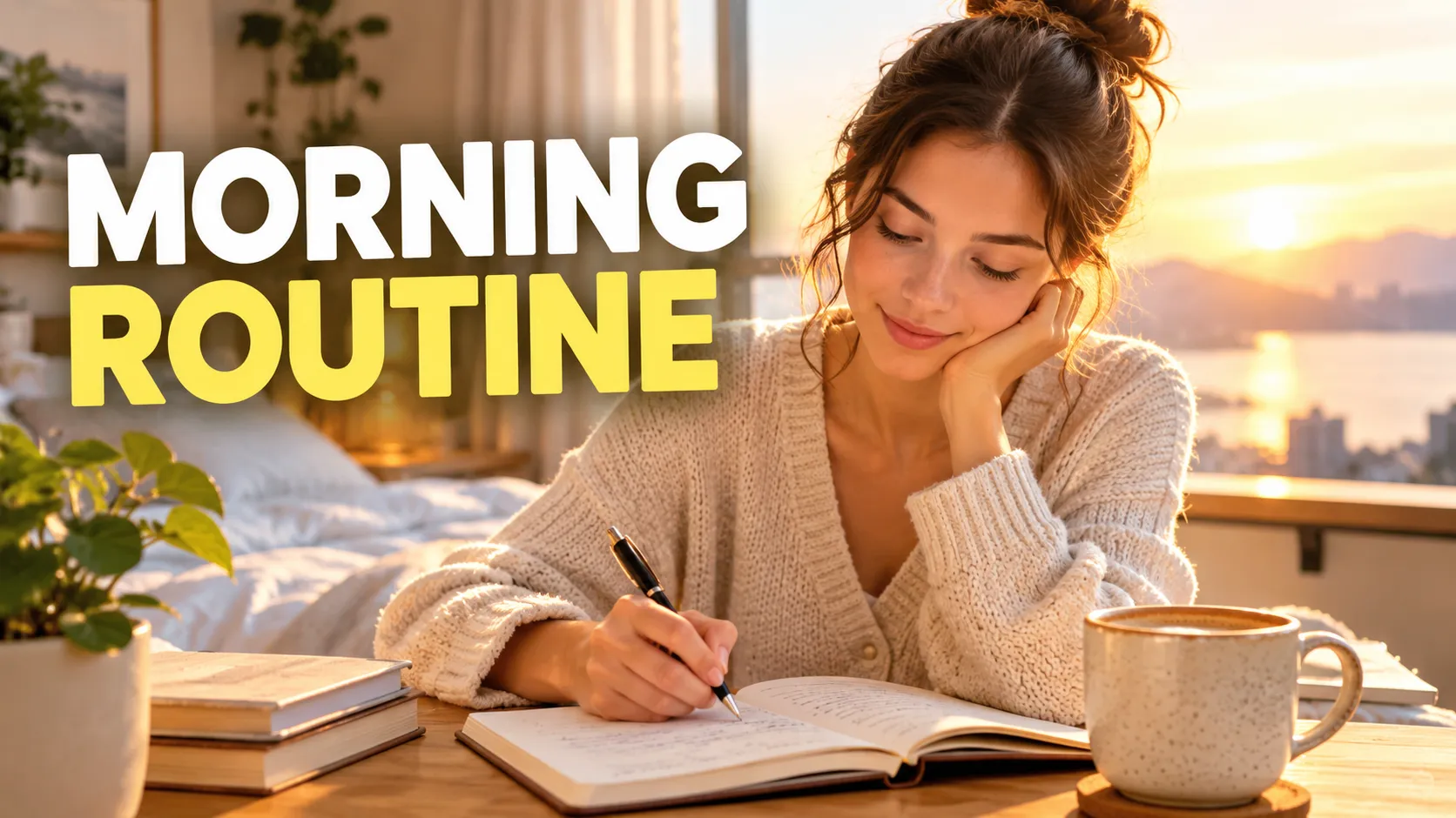 YouTube thumbnail with the text “MORNING ROUTINE” and a woman journaling with coffee by a sunrise window
