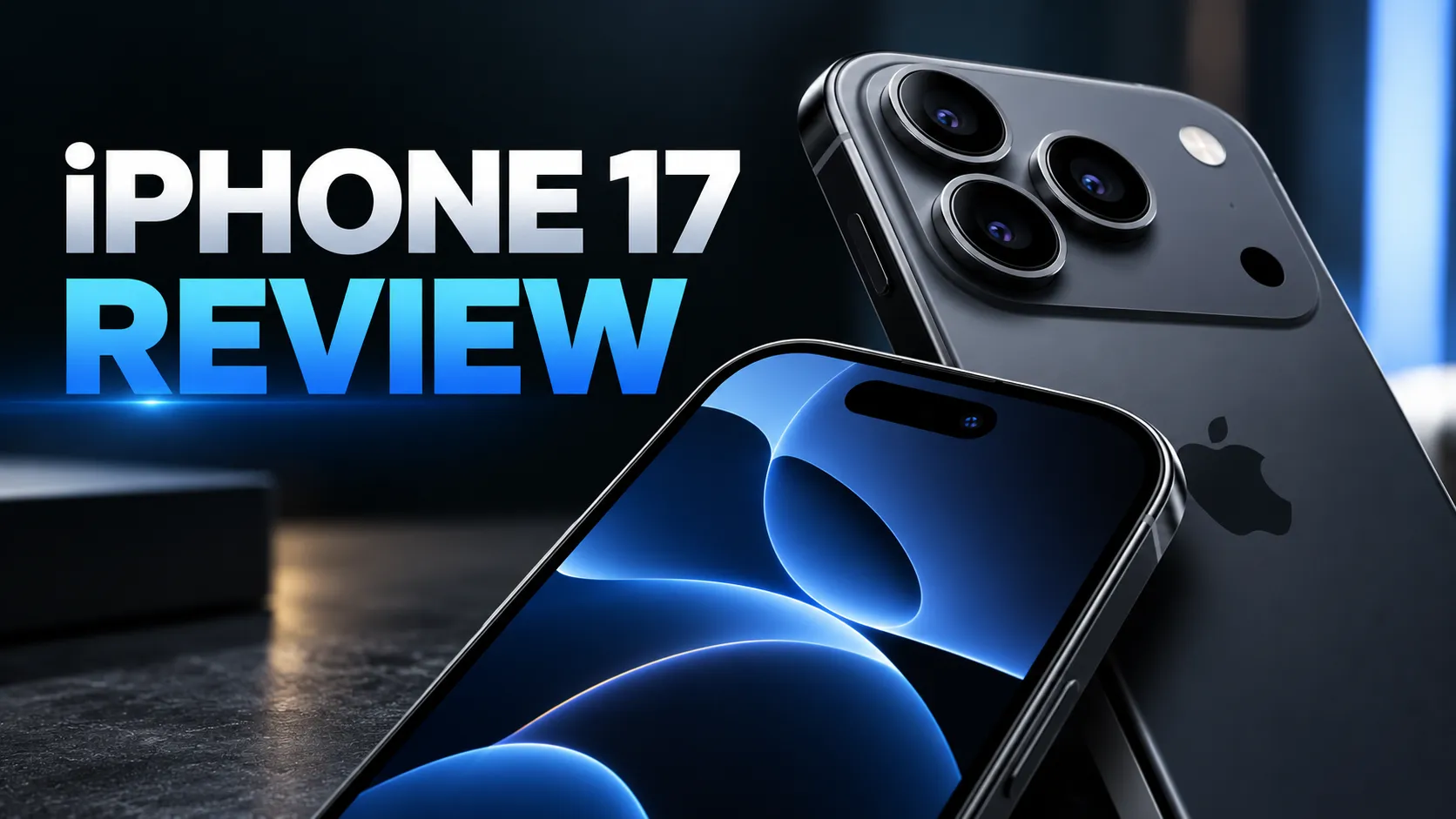 Tech YouTube thumbnail with the text “iPHONE 17 REVIEW” and a close-up of a dark blue phone’s cameras