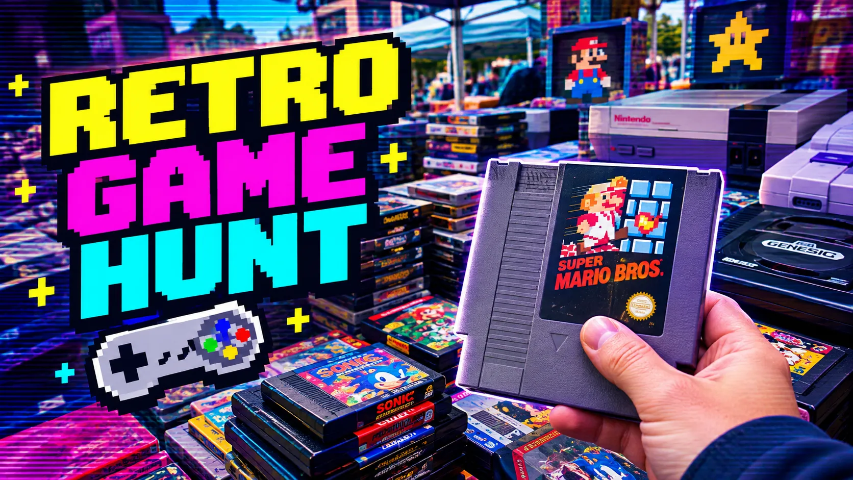 Retro YouTube thumbnail with the text “RETRO GAME HUNT” and a hand holding a game cartridge among old consoles