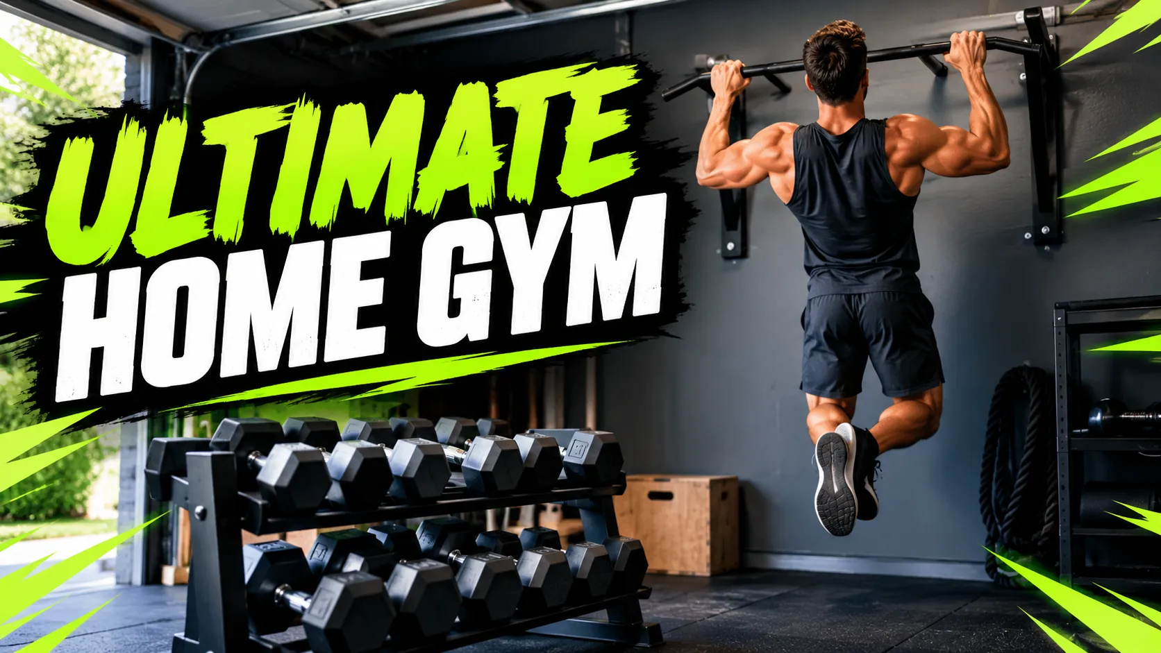 Fitness YouTube thumbnail with the text “ULTIMATE HOME GYM” and a man doing a pull-up in a garage gym