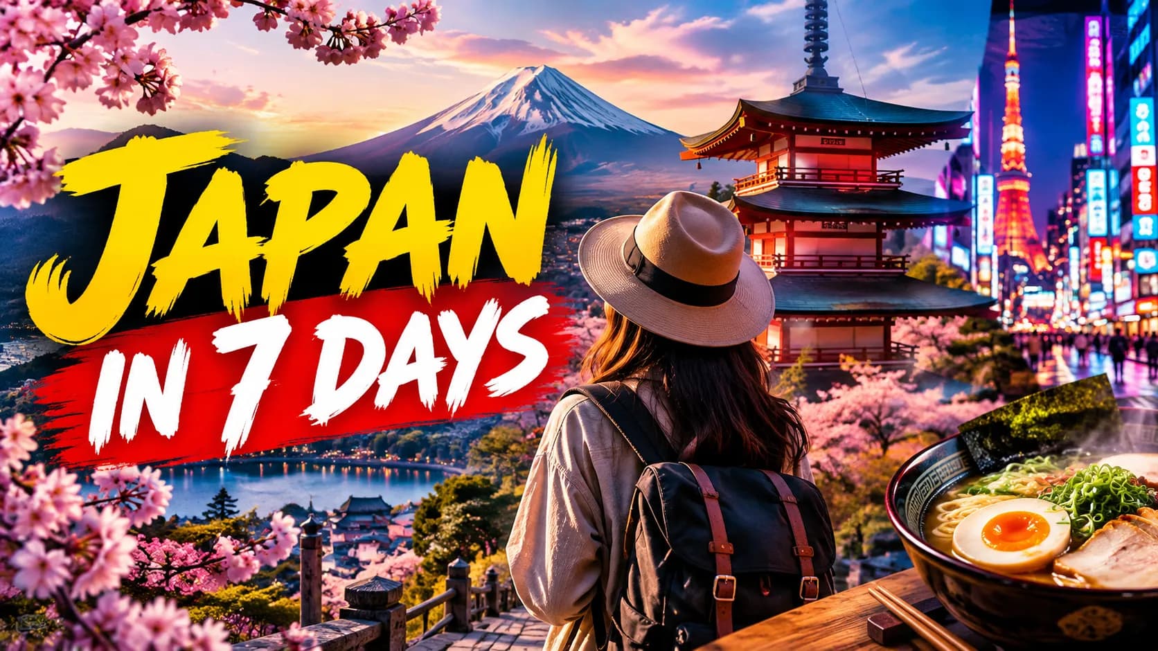 Travel YouTube thumbnail with the text “JAPAN IN 7 DAYS”, a traveler, a pagoda, Mount Fuji and a bowl of ramen